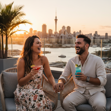 Young couple enjoying drinks at a rooftop bar in Auckland, New Zealand at sunset
