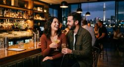 A couple enjoying cocktails at a bar in New Zealand, relaxed and flirtatious in a modern setting with warm lighting
